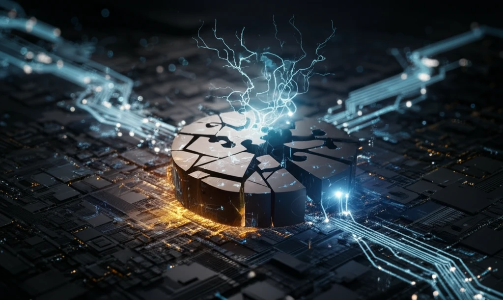 Shattered economic model being rebuilt with glowing data.