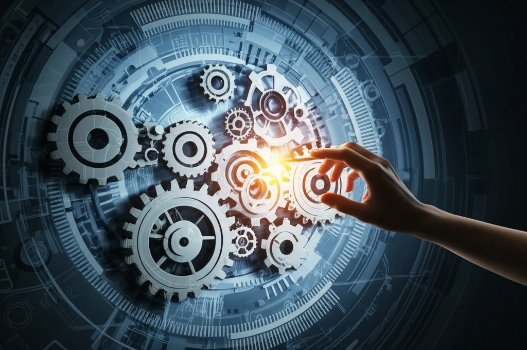 A stylized illustration of an industrial ecosystem being orchestrated, featuring interconnected gears and a hand representing strategic control.
