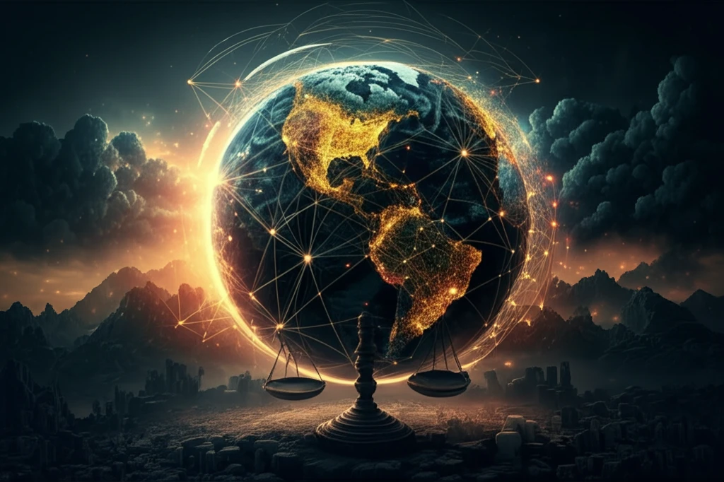 Global trade network with balancing scale.