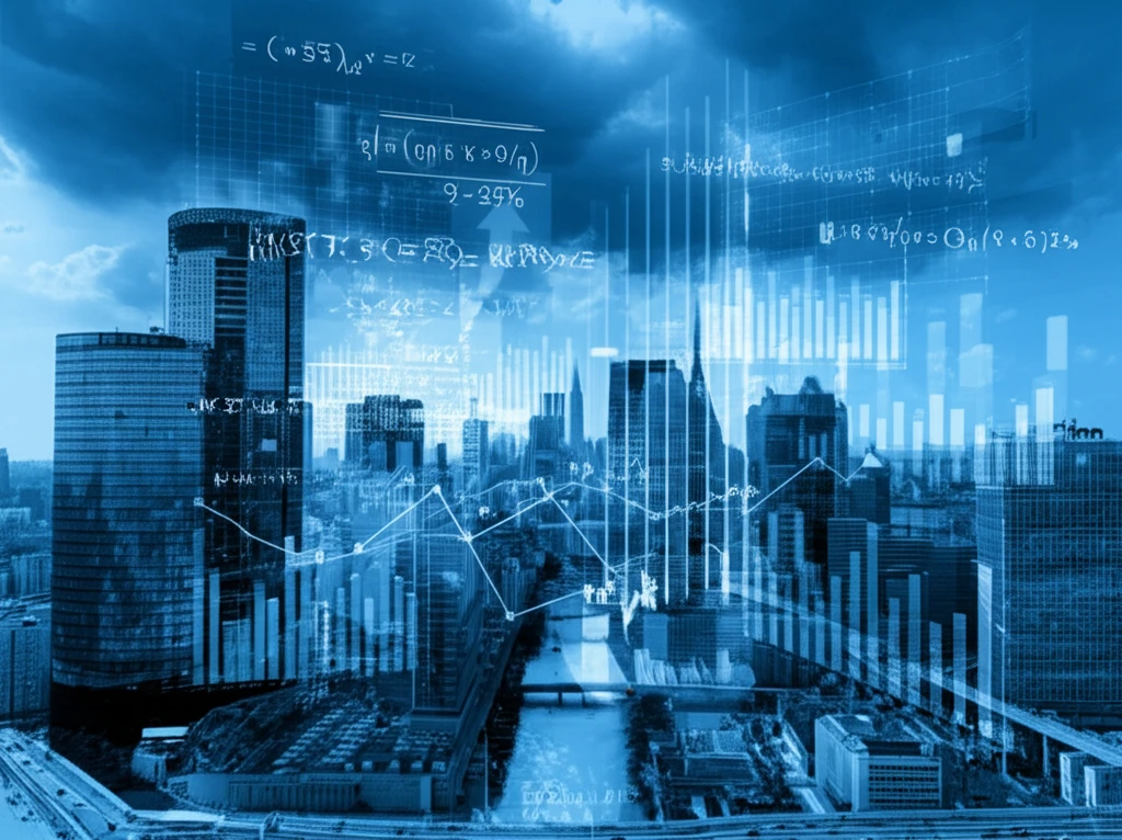 Surreal cityscape representing econometric models and data analysis.