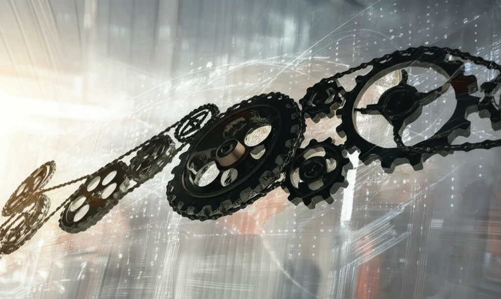 Interconnected gears and chains symbolizing supply chain cooperation.