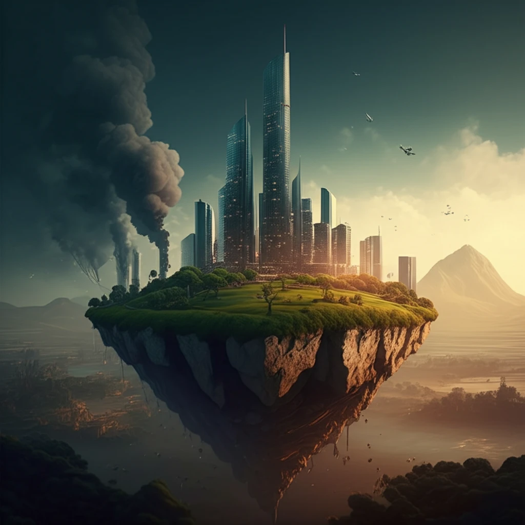 A surreal illustration comparing the prosperity of a small island nation to a large, industrial continent.