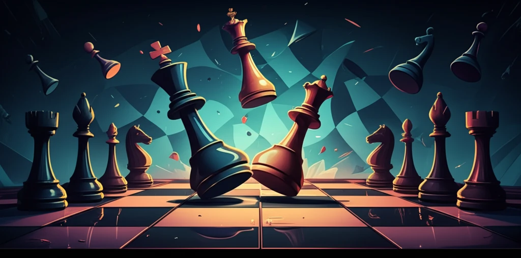 Chess pieces battle on a warped game board.