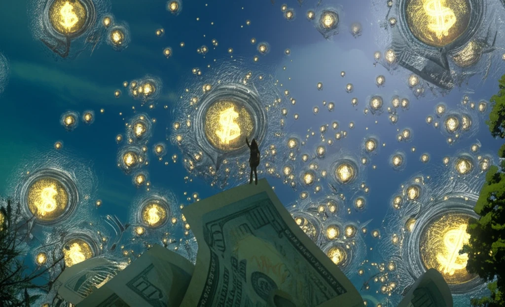 Illustration of a person reaching for happiness beyond a plateau of money.