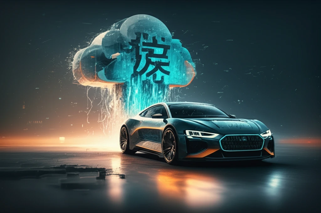Futuristic car emerging from a cloud of data, symbolizing the Chinese automotive market.
