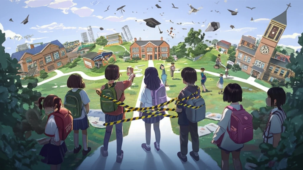 Diverse children on paths to schools, some blocked by tape, symbolizing fairness in education.