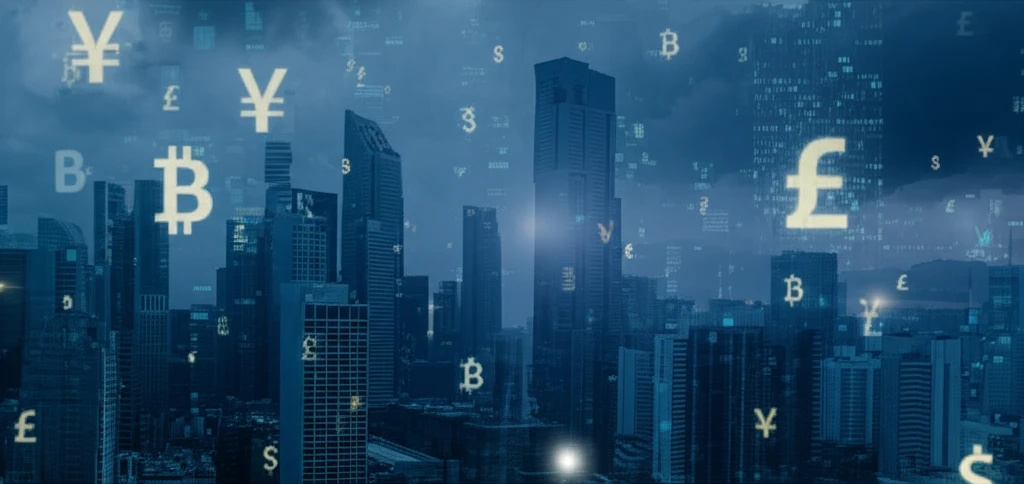 Digital currency floating over a modern city.