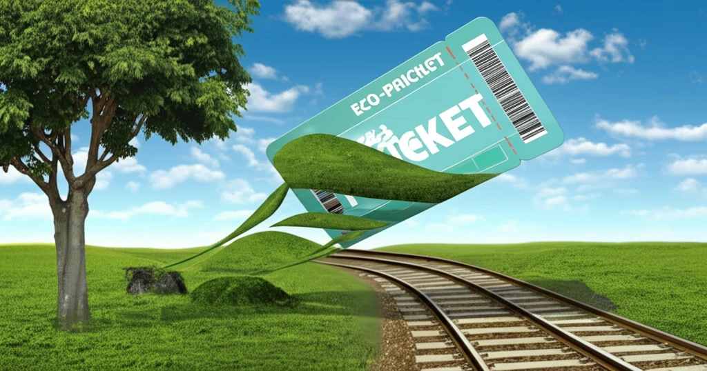 Train ticket transforming into a green landscape, symbolizing sustainable travel