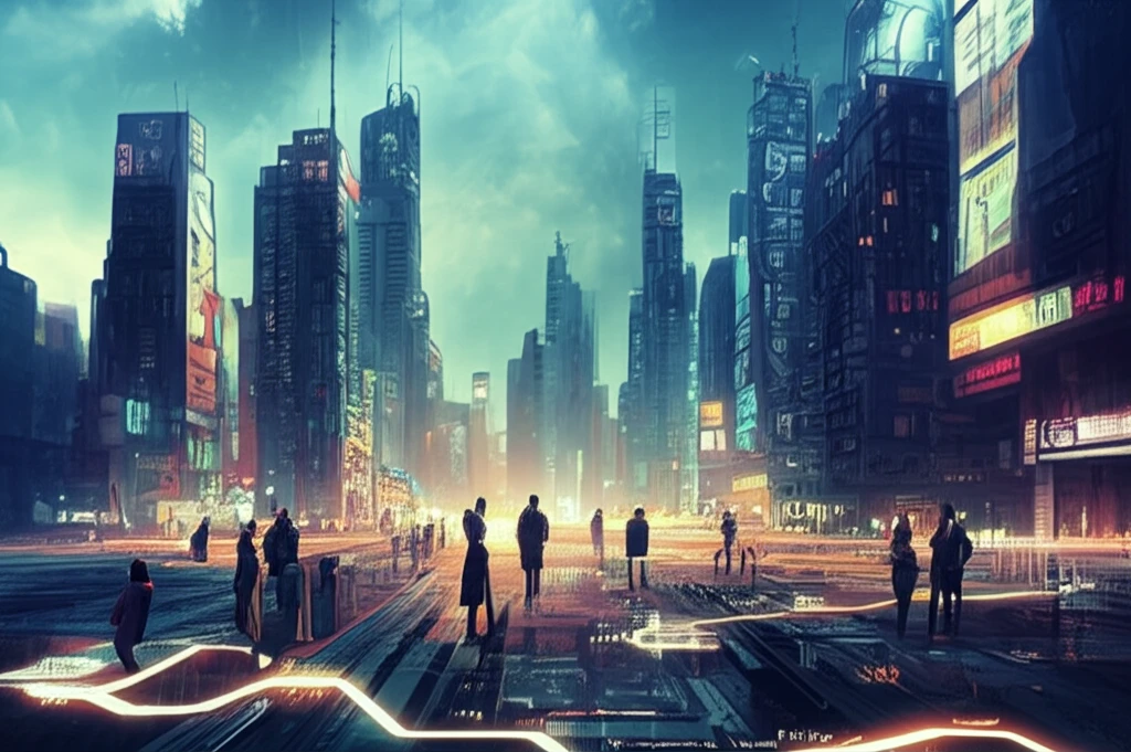 Surreal cityscape made of circuit boards and financial charts, with small diverse agents observing and network graphs overlaying.
