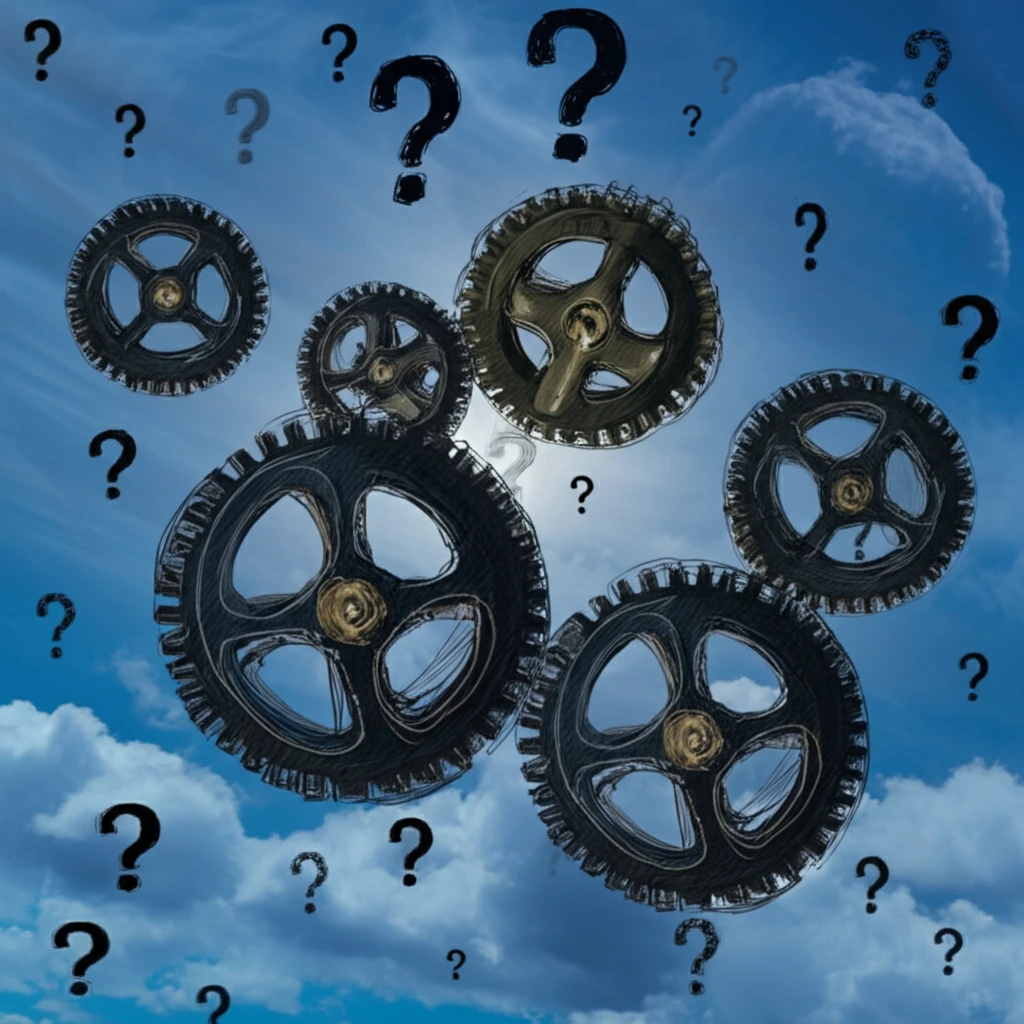 Gears grinding to a halt under a sky of question marks, symbolizing economic paralysis.