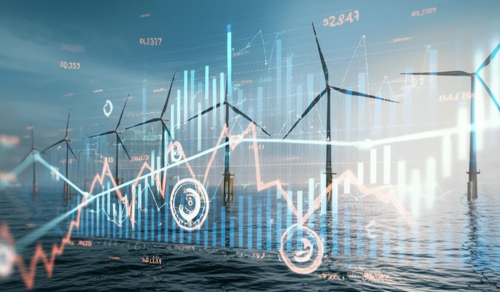 Offshore wind turbines intertwined with financial and partnership symbols.
