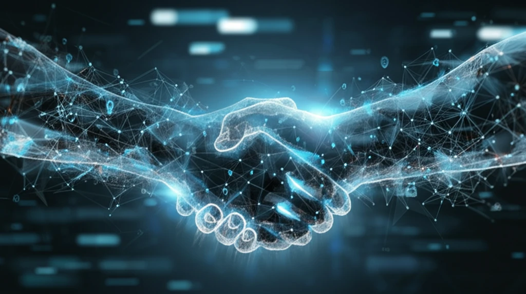 Interconnected neural networks forming hands shaking, symbolizing trust.
