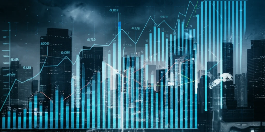 City skyline merging with financial charts, symbolizing real estate value.