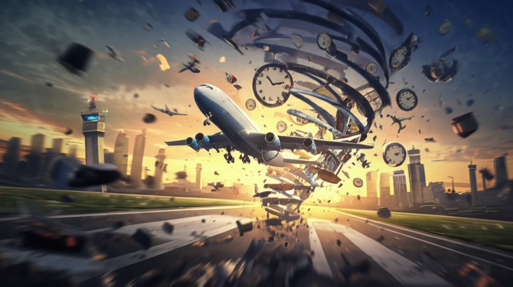 Airplane caught in a vortex of clock parts and airport control towers, symbolizing flight delays and complex systems.