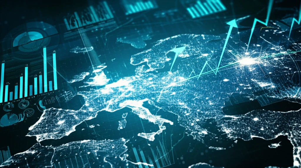 Glowing data points illuminate a map of Europe, symbolizing real-time economic insights.