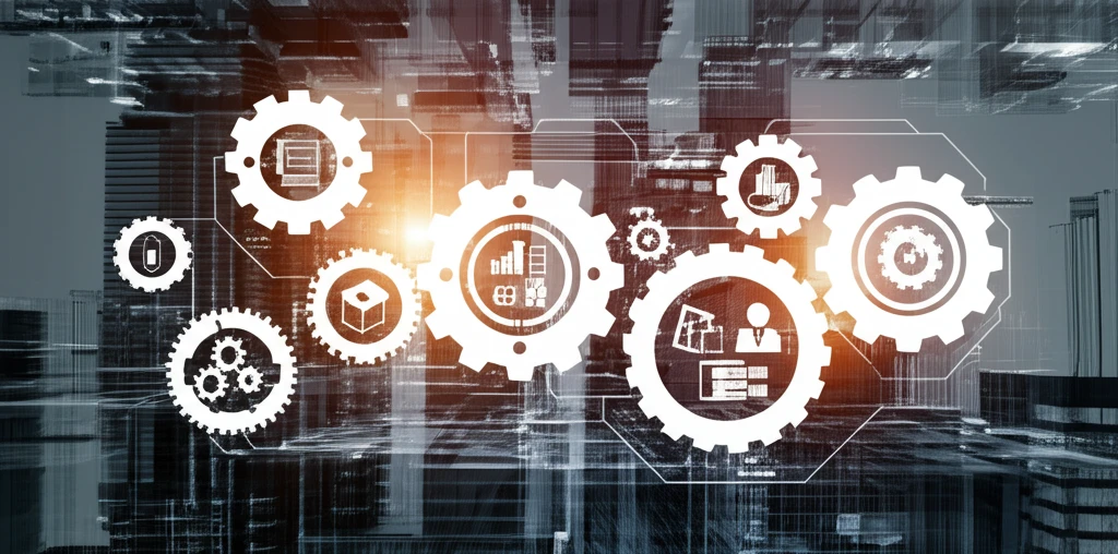 Interconnected gears forming a cityscape, symbolizing industrial clusters driving regional economic growth.