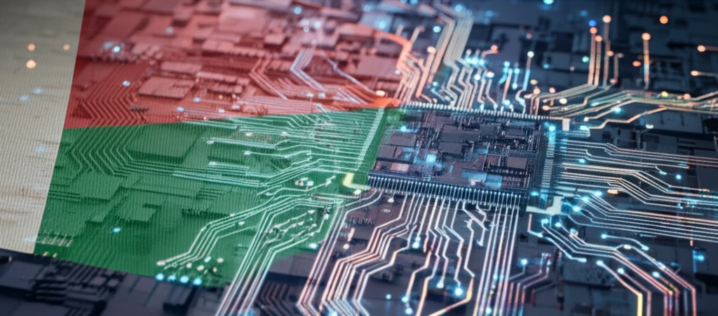 Madagascar's economy visualized as a glowing circuit board, symbolizing AI-powered forecasting.