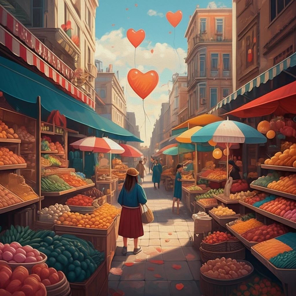A bustling marketplace scene symbolizing decentralized dating, with heart-shaped balloons floating above stable couples.