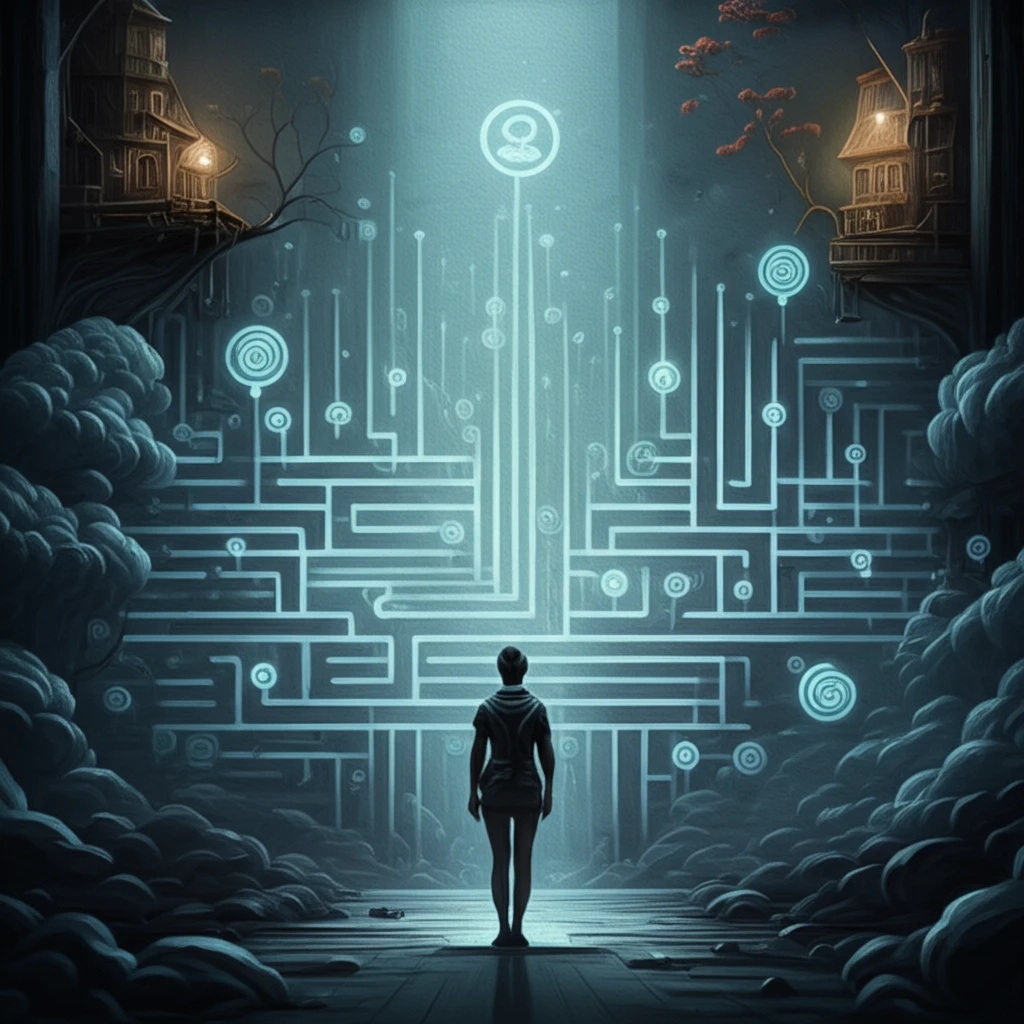 Mind navigating choices through glowing paths.