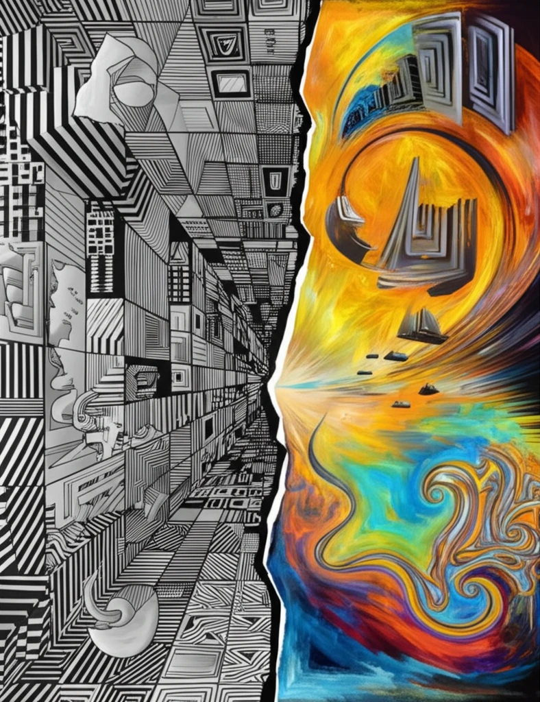 Surreal illustration comparing Bayesian and frequentist statistics as contrasting landscapes.