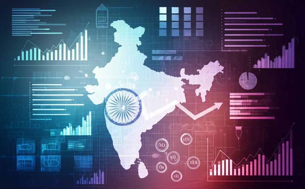 Surreal illustration depicting the complex relationship between economic indicators, immunization, and data analysis in the context of India's health programs.