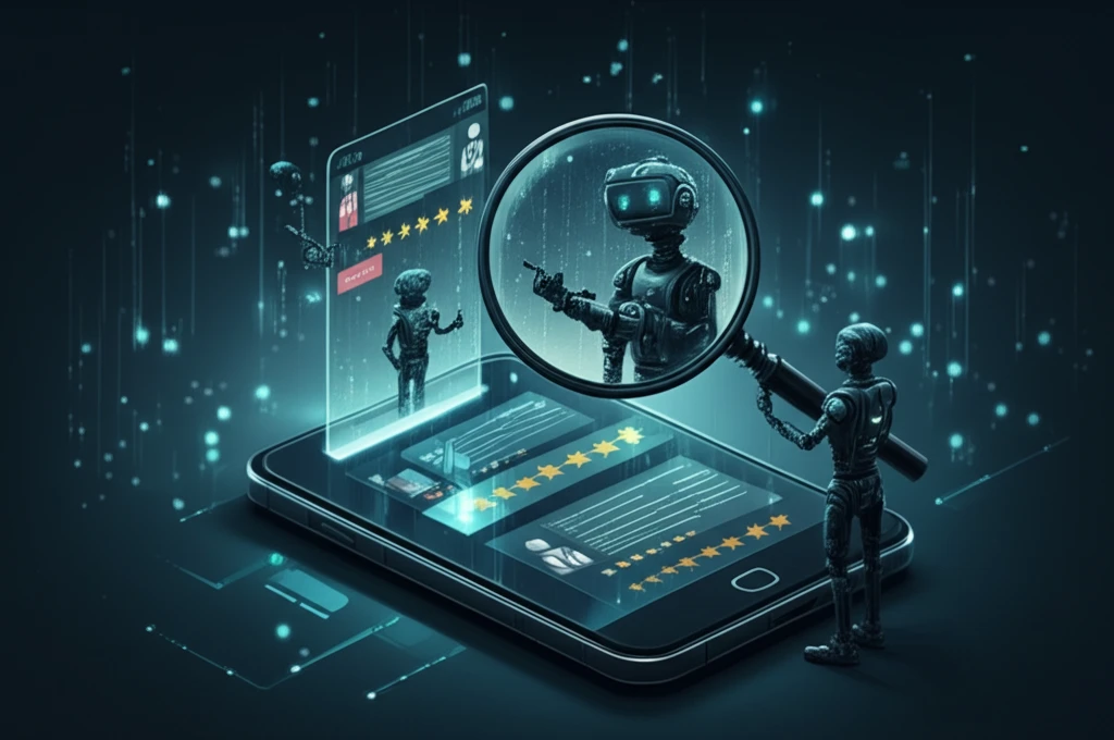 A magnifying glass over a phone showing tiny AI robots writing restaurant reviews.