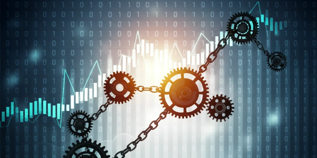 Interconnected gears and chains symbolize predictability and progress in financial modeling.