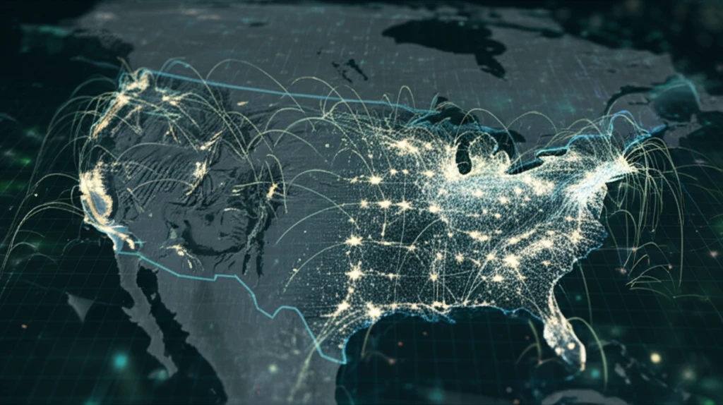 Digital illustration of a capital network shaped like the U.S., highlighting economic concentration.