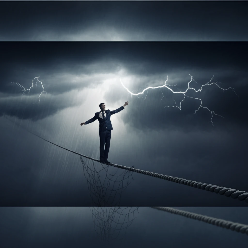 A business person balances on a tightrope with credit lines as safety nets below.