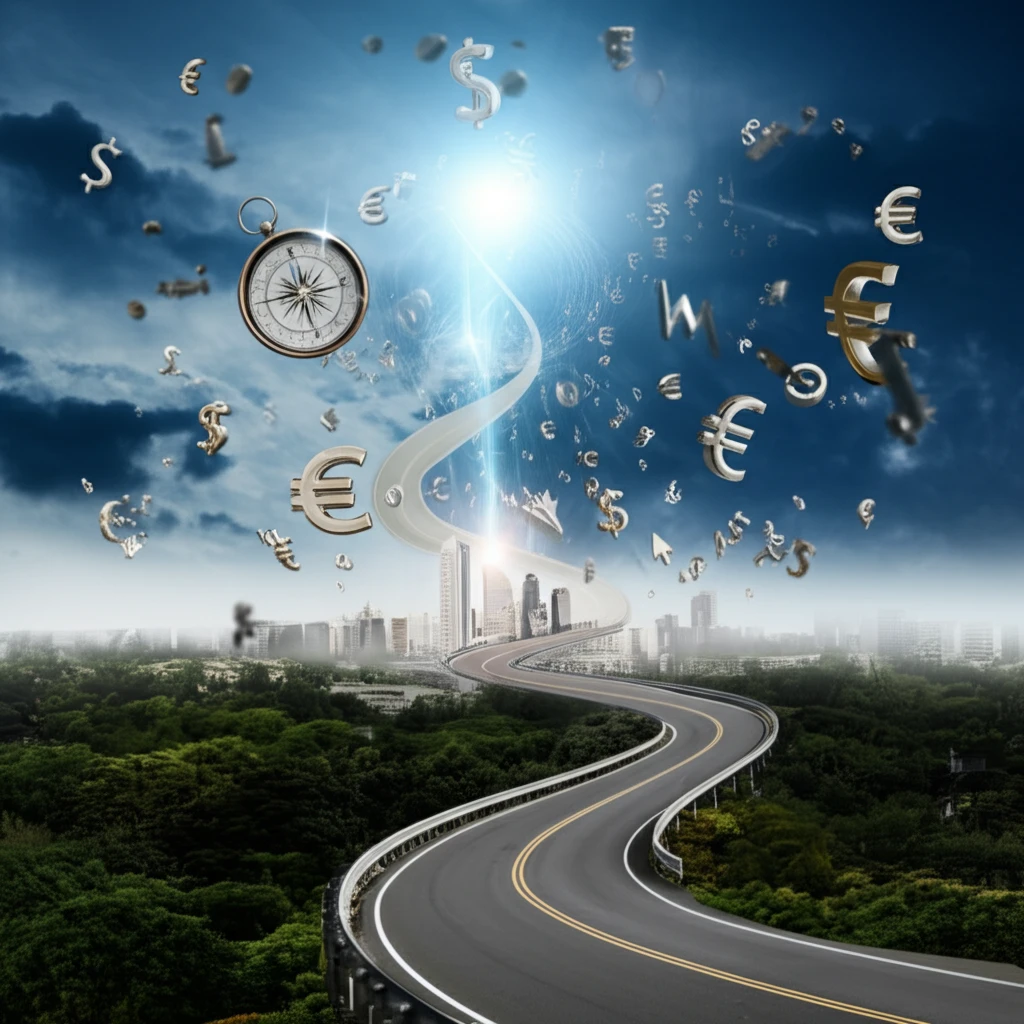 Surreal illustration of the Phillips Curve as a winding road leading to a divine economic city.