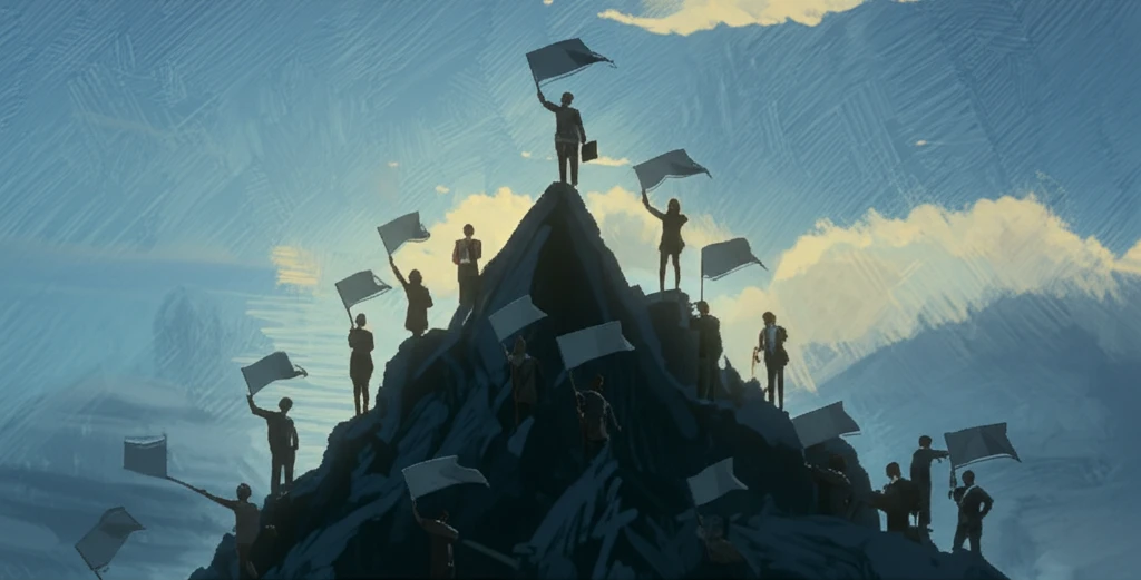 Stylized illustration of voters on a mountain range symbolizing single-peaked preferences.