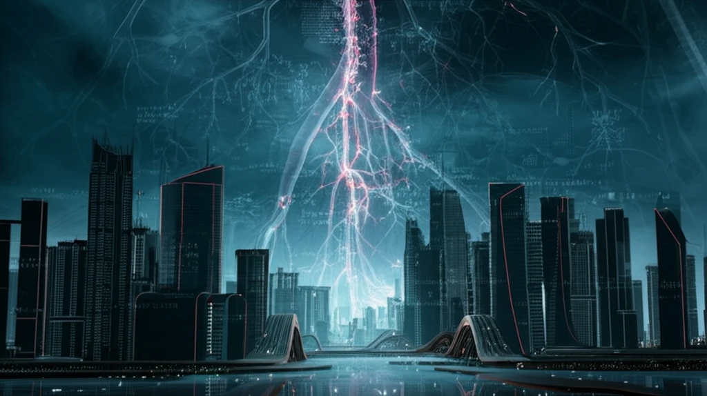 City skyline transforming into a circulatory system, representing healthcare accessibility.