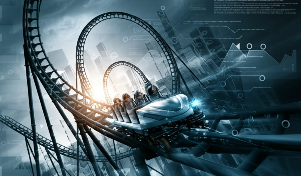 Roller coaster symbolizing stock market trends with integrated circuits.