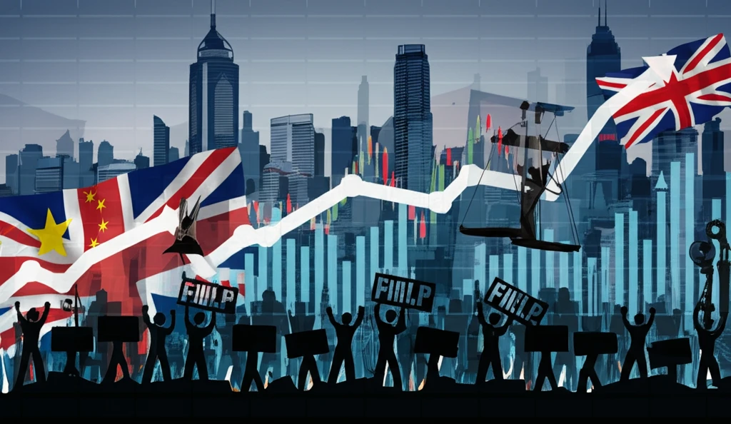 Hong Kong skyline with protest symbols and fluctuating stock market chart, representing the impact of political connections on listed companies during the 2019 protests.
