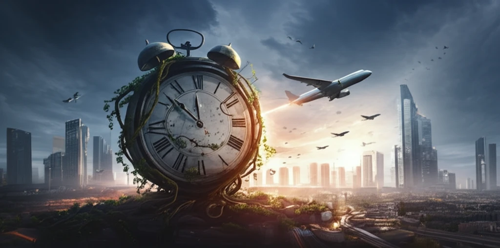 Surreal cityscape with clock and airplanes, symbolizing entrepreneurial timing.