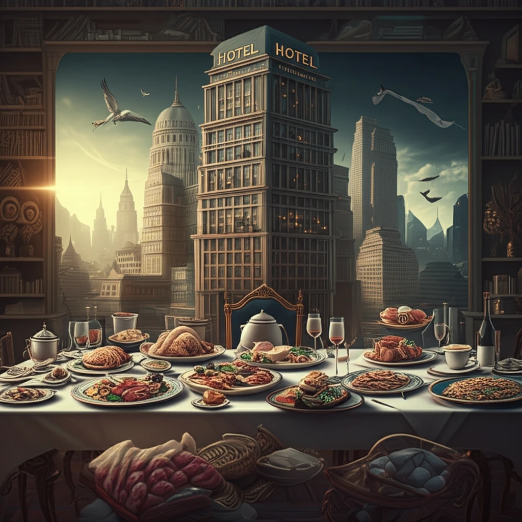 Cityscape merging into a dining table, representing hotel and restaurant entrepreneurship.