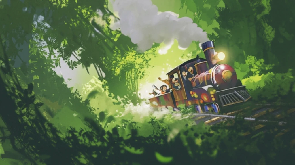 Family riding a train that transforms into a forest, symbolizing sustainable travel.