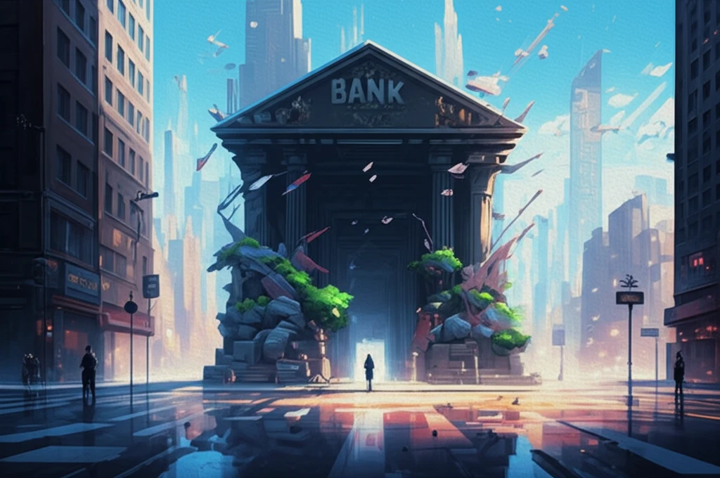 Traditional bank evolving into a futuristic cityscape, symbolizing banking innovation.
