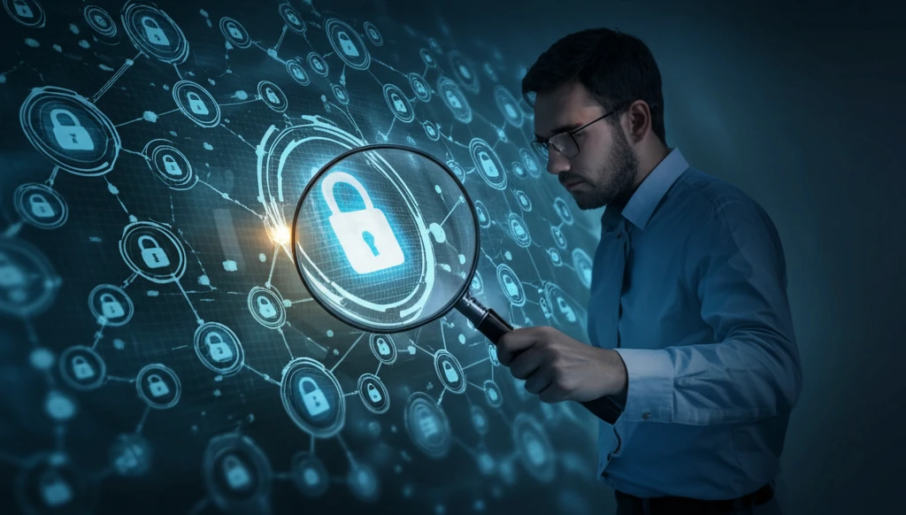 Researcher examining variables through a magnifying glass