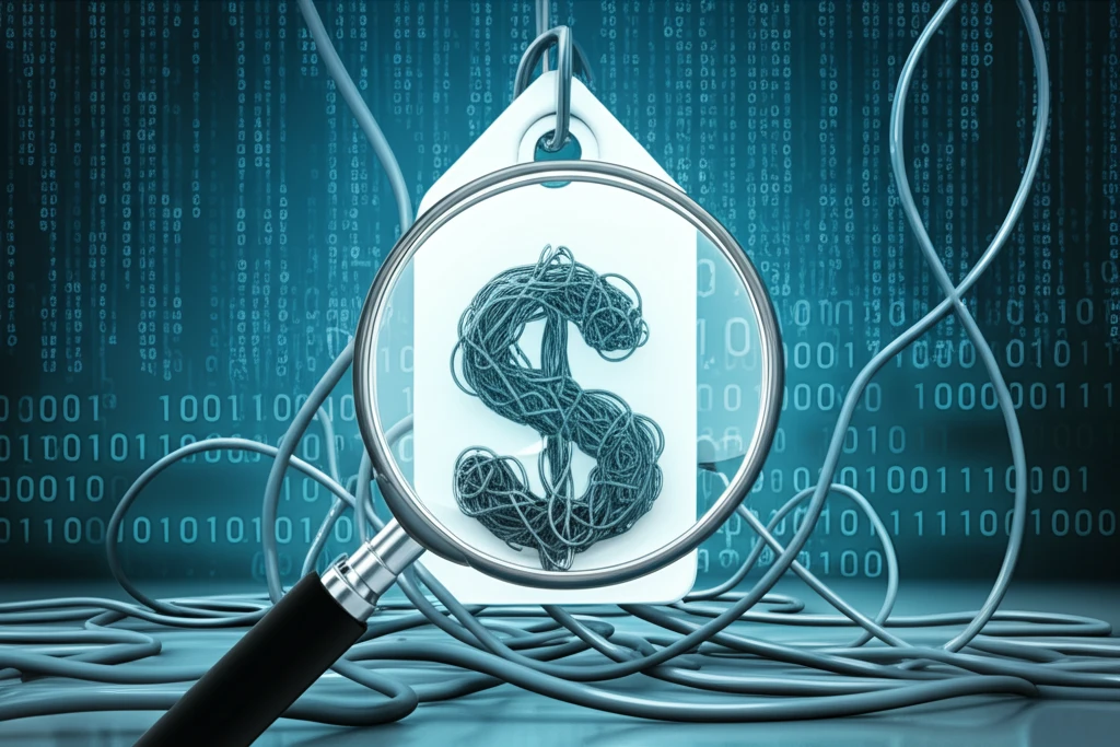 Surreal illustration of tangled computer cables forming a price tag, with a magnifying glass hovering over it.