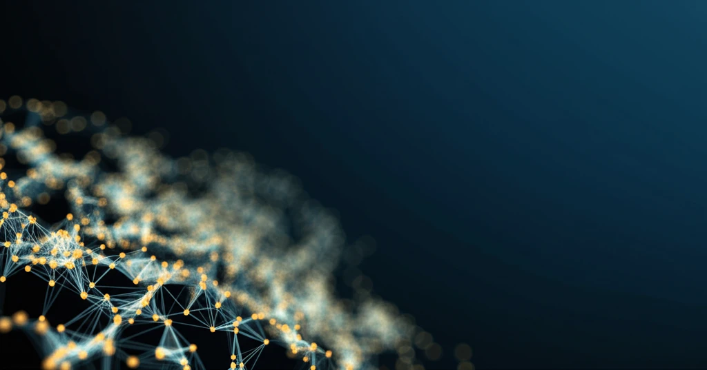 Interconnected network nodes with glowing connections, symbolizing the influence of AI in economics.