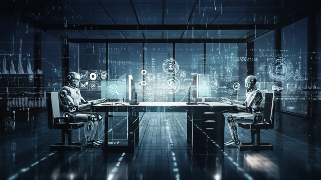 Futuristic office with AI agents negotiating contracts.