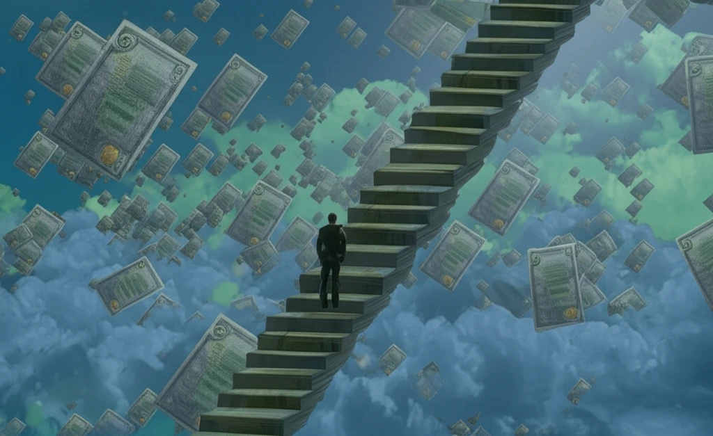Person climbing a staircase of money under a sky of policy documents, symbolizing leveraging economic policies for wage growth.