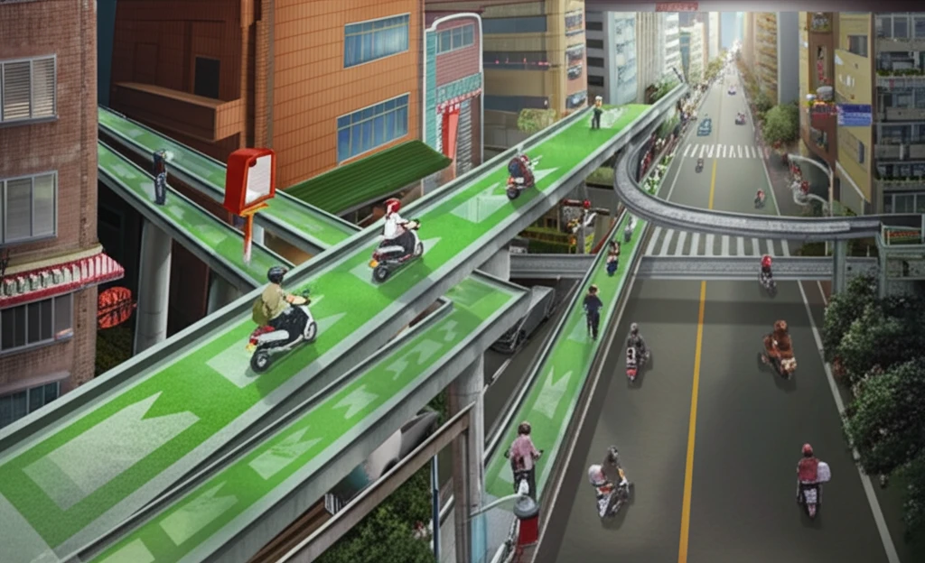 Taipei street scene with green pedestrian walkways.