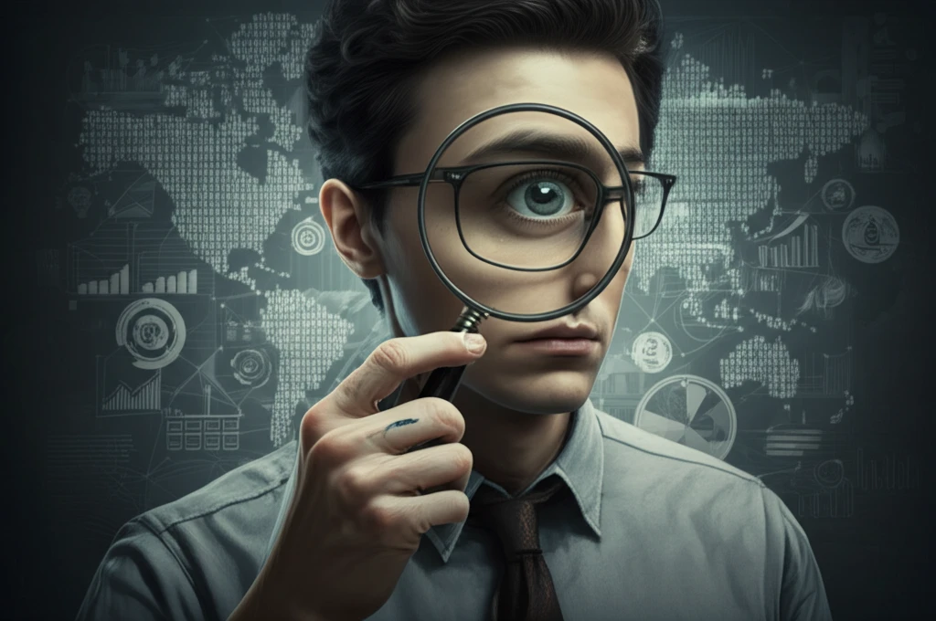 Person critically examining a distorted world map.