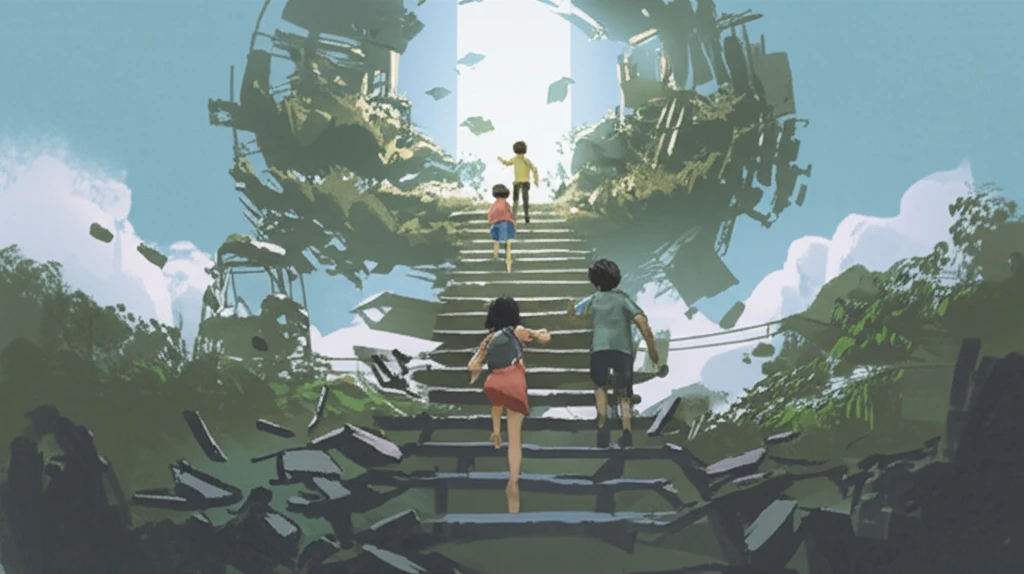 Diverse children climb a book staircase toward a bright sky, symbolizing education and opportunity.