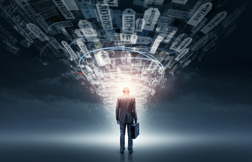 A person overwhelmed by decision fatigue, depicted as a vortex of information pulling at their brain.