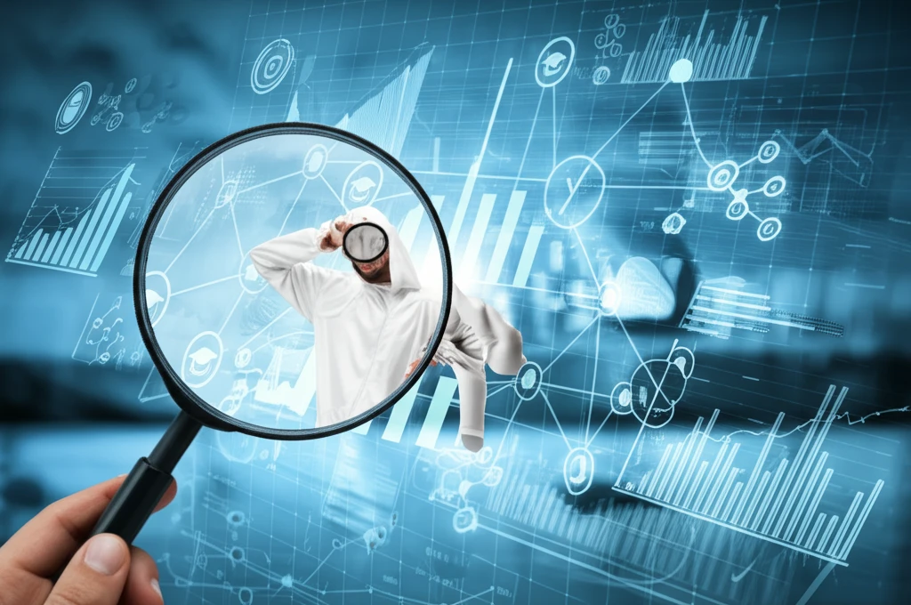 Surreal illustration of causal relationships being investigated through a magnifying glass.