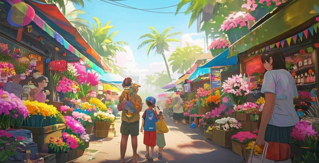 Vibrant Filipino marketplace with flowers and perfume bottles.