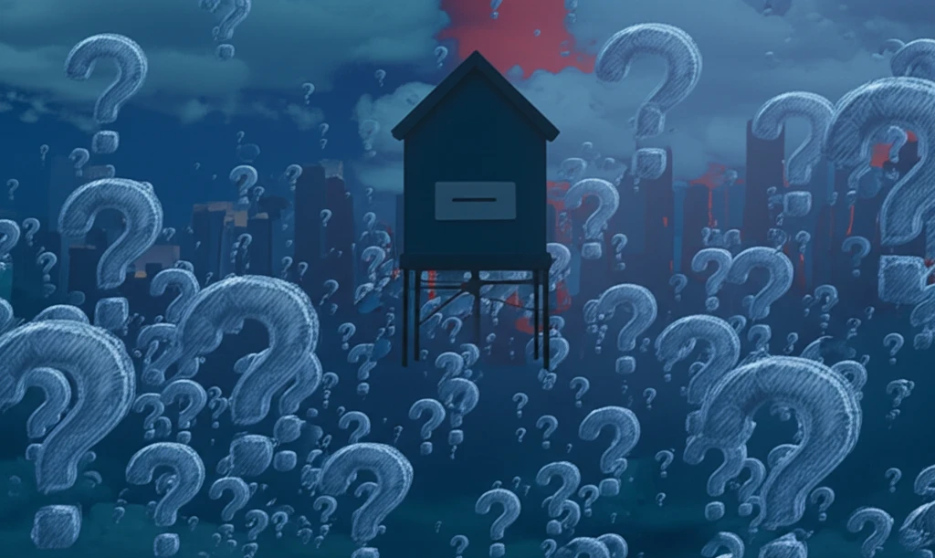 Surreal image of a voting booth surrounded by question marks, representing the uncertainty of political polls.